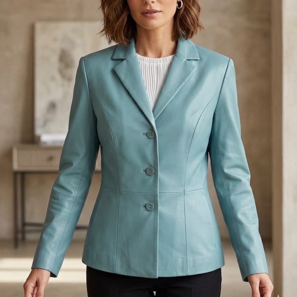 Danier Light Blue Genuine Leather Blazer Jacket Fitted Coat Vintage